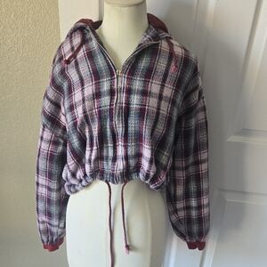 Cotton Express Plaid Zip-Up Hoodie Jacket with‎ Maroon Lining – Size Large WT601